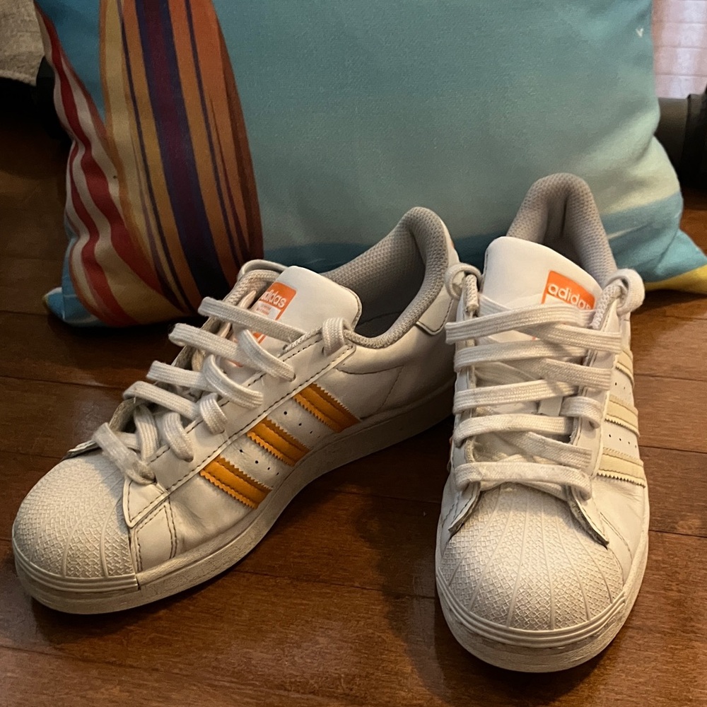 Adidas White Sneakers with Orange Stripes